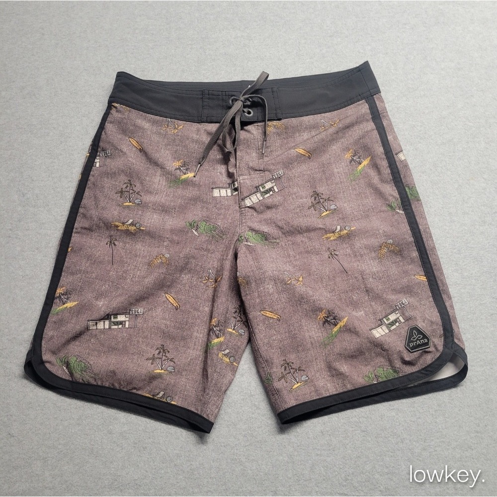 Prana Mens High Seas Board Shorts Brown Surf Novelty Print Swim Trunks Size 30